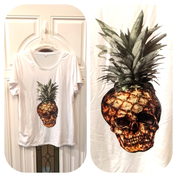 5/$25 silky, stretchy skull pineapple short sleeve t-shirt, XXL (fits like L/XL - Picture 1 of 4